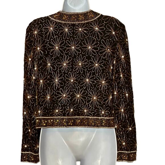 Vintage 90s Papell Boutique Beaded Silk Evening Jacket 4P Black Gold Formal Glam - Picture 8 of 10